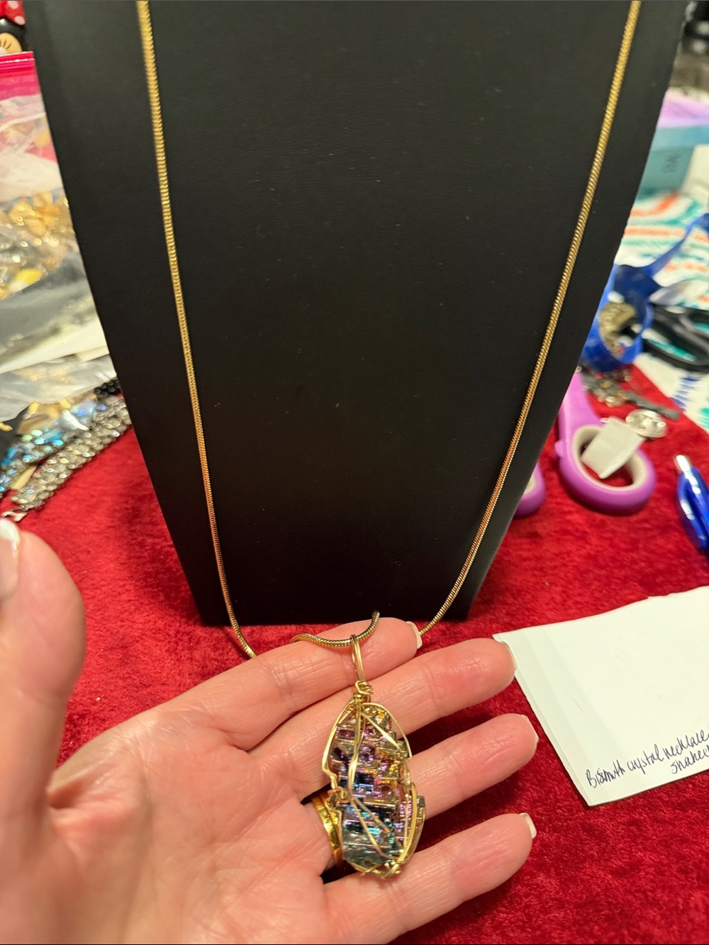 Gold Wire-Wrapped Bismuth Multicolor Crystal Necklace on snake chain sign CH